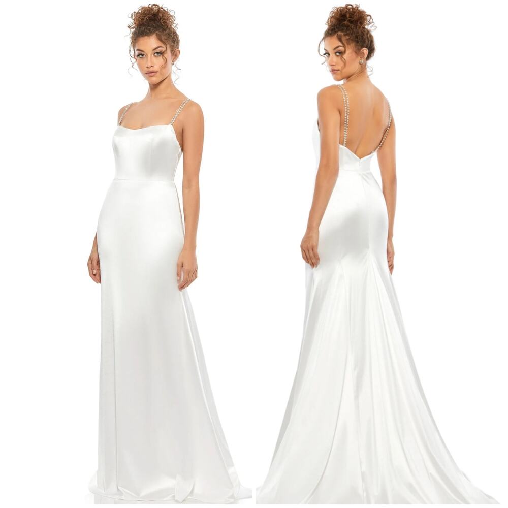Mac Duggal Charmeuse White Rhinestone Strap Satin Trumpet Gown Size 8 GUC
